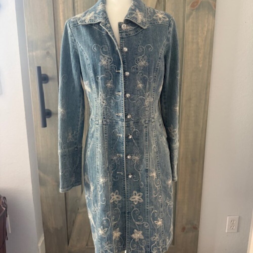 Cache Woman Long Jean Jacket Vintage Blue Denim Light Wash 90s Y2K Light Wash M